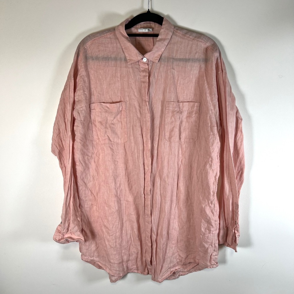 J Jill Love Linen Button Up‎ Shirt Pink Long Sleeve Tall Medium beach boho